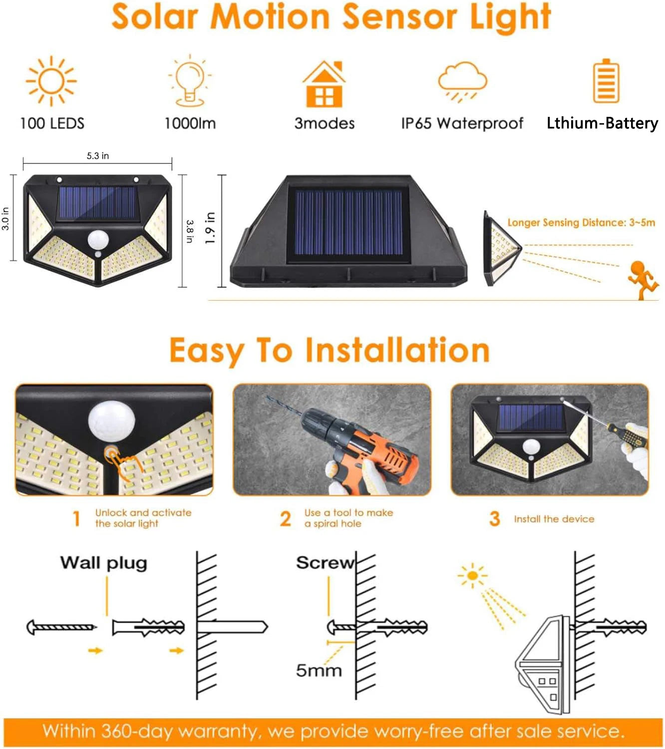 100 LED Lâmpada de parede solar externa à prova d'água PIR Sensor de movimento Luz solar movida a energia solar Luz de rua para decoração de jardim