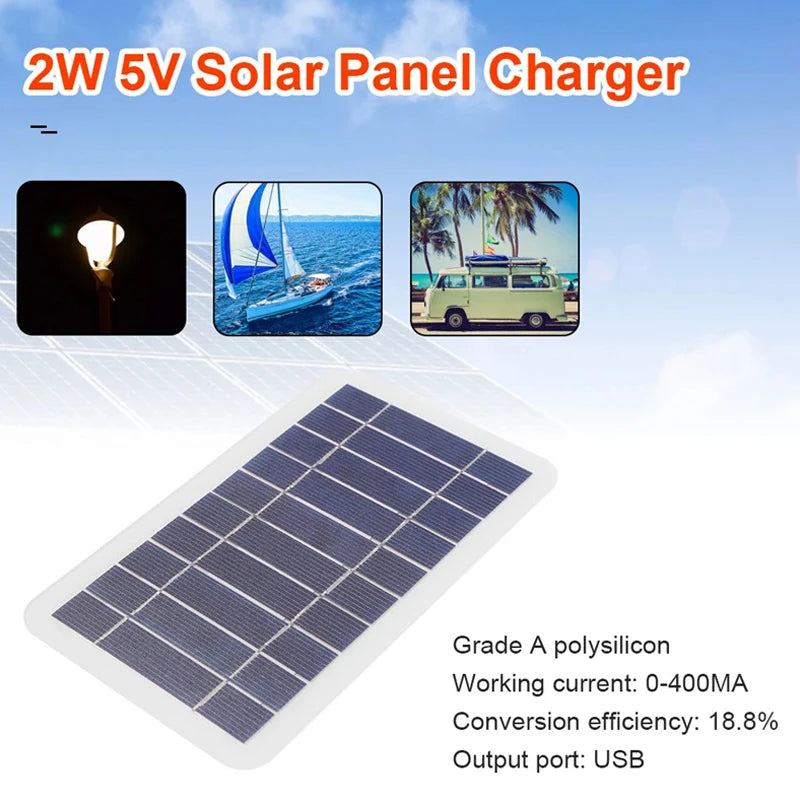 Painel solar de 2w 5w com usb, à prova d'água, caminhadas ao ar livre e acampamento, bateria portátil, banco de carregamento de celular, 5v