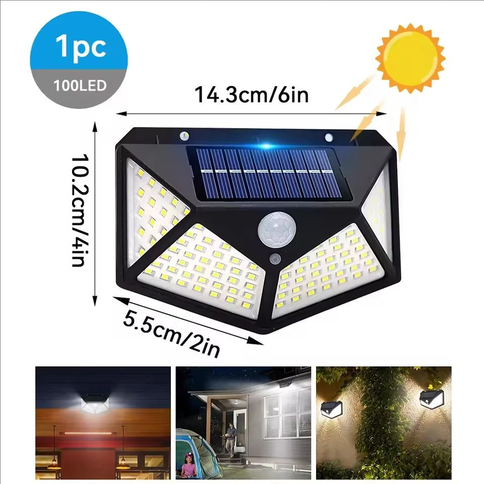 100 LED Lâmpada de parede solar externa à prova d'água PIR Sensor de movimento Luz solar movida a energia solar Luz de rua para decoração de jardim