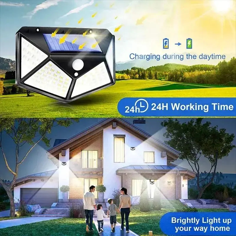 100 LED Lâmpada de parede solar externa à prova d'água PIR Sensor de movimento Luz solar movida a energia solar Luz de rua para decoração de jardim