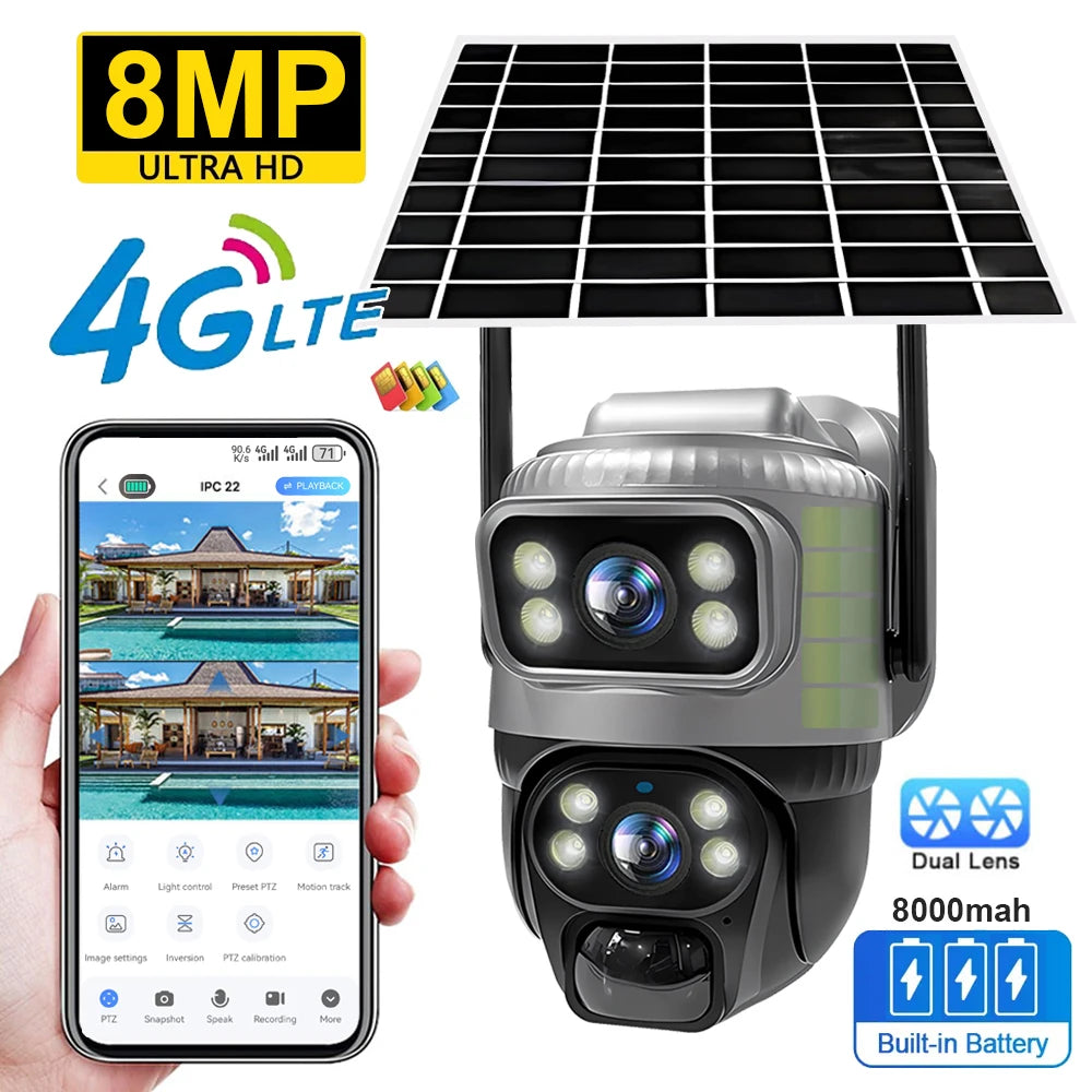 V380 lente dupla 4g câmera solar pir detecção humana visão noturna à prova dwaterproof água segurança vídeo ip camara 8mp 4k bateria cctv monitor