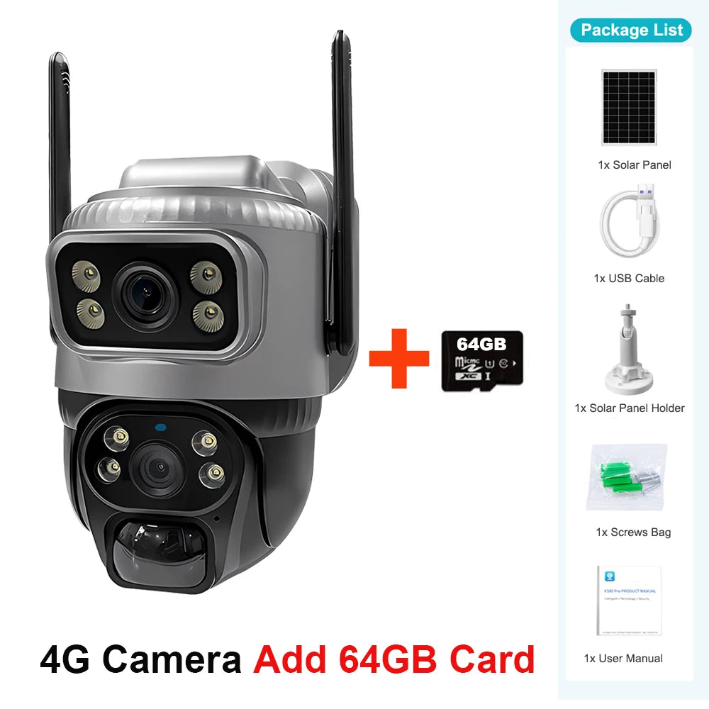 V380 lente dupla 4g câmera solar pir detecção humana visão noturna à prova dwaterproof água segurança vídeo ip camara 8mp 4k bateria cctv monitor