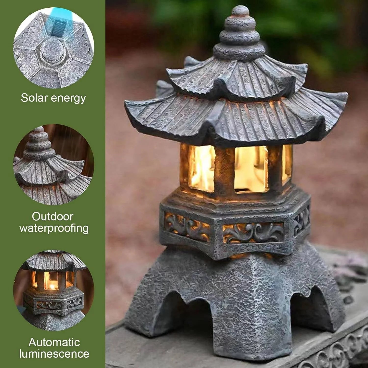 Lanterna Pagoda Japonesa Solar à Prova d'Água para Decoração de Jardim ao Ar Livre com Luminiscência Automática Estilo Zen